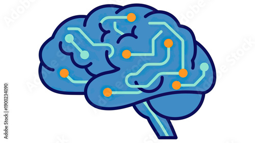 Stylized illustration of a brain with circuits and colored dots, concept of AI or thinking