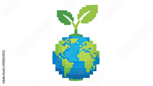 A pixelated Earth with growing leaves symbolizing environmental sustainability and growth