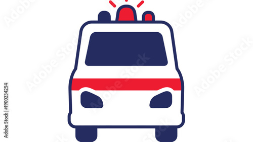 A stylized ambulance icon in white, navy blue, and red, with flashing lights