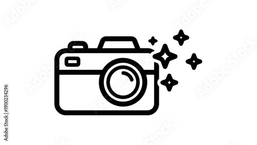 A bold, black-outlined illustration of a camera with four star-like sparkles beside it