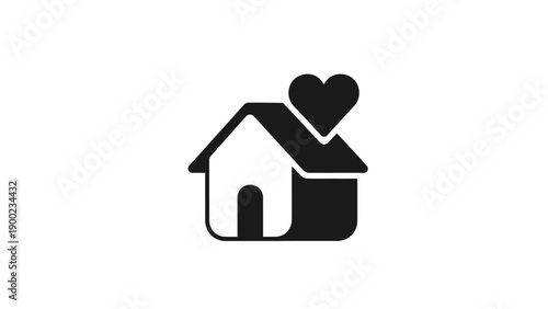 A simple, black house icon with a heart, suggesting home, love, and community