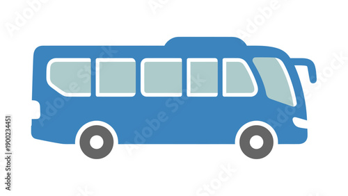 A blue bus illustration with gray wheels, windows, and white outlines, on a white background