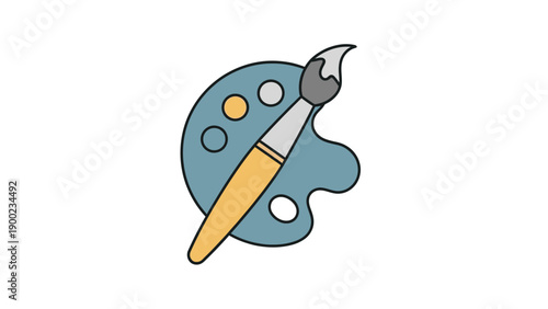 A cartoon-style illustration of an artist's palette and paintbrush. The background is white