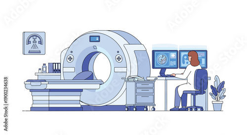 Female doctor operating an MRI machine and monitoring medical scans on computer screens in a modern clinic.