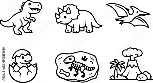 Cartoon Dinosaur Volcano Vector Line Icon Set
