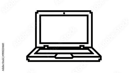 A simplistic black and white illustration of an open laptop computer. Pixelated and minimalist