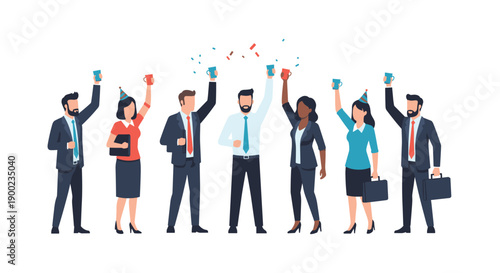 Diverse team of business professionals joyfully celebrating success, raising cups amidst confetti, symbolizing