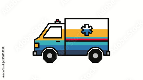 Stylized, colorful illustration of an ambulance, side profile, against a white background