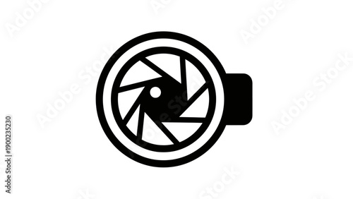 Black camera aperture graphic with circular, bladed shape and rectangular extension
