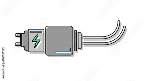 A grey electrical plug with a lightning bolt symbol and black/white wires, white background