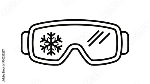 A black and white line drawing of snow goggles with a snowflake symbol