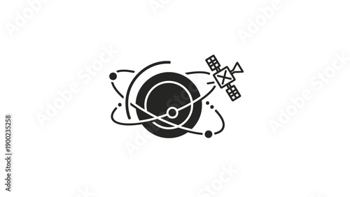 A minimalist icon depicts a satellite orbiting a celestial body, with orbital paths