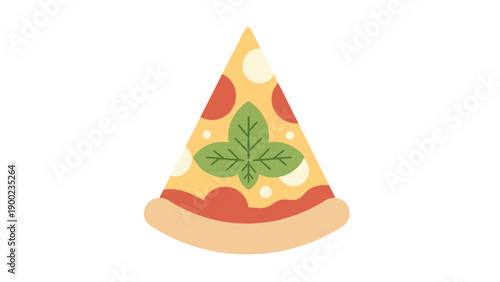 A slice of pizza with toppings of basil, sauce and cheese. It is a flat, illustrated design