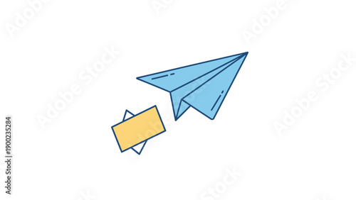 A light blue paper airplane with a yellow rectangle, all outlined in navy blue