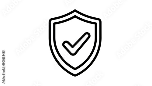 A black and white vector graphic of a shield with a check mark inside on a white background