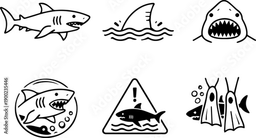Icons show sharks and ocean danger warnings. Vector