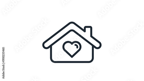 A minimalist house outline containing a heart, chimney, on a white background