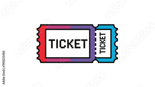 Colorful, pixelated ticket illustration with a "TICKET" label, in shades of red, purple, and blue