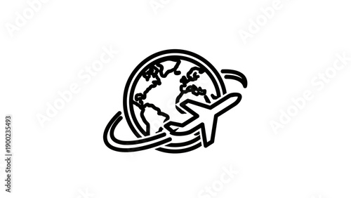 A simple, black-and-white icon depicting a plane circling a globe
