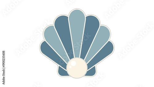 Stylized clam shell design with pearl, in shades of blue and white, simple illustration