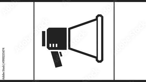 Black and white illustration of a megaphone. Symbol inside a frame with lines
