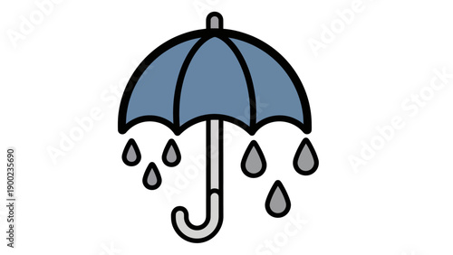 Illustration of a blue umbrella with rain drops falling, outlined in black