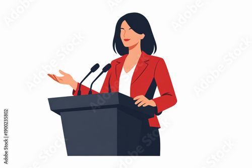 Minimalist Vector Illustration of Confident Female Leader Speaking at Podium on White Background
