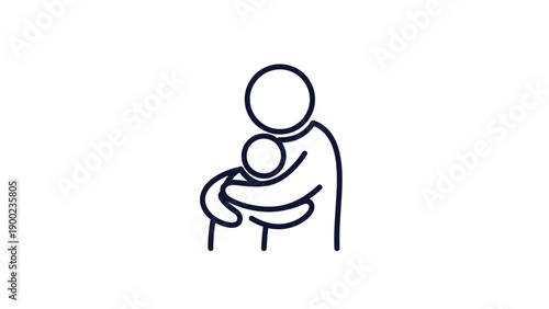 Line art illustration depicts parent embracing child. Minimalist style, monochrome