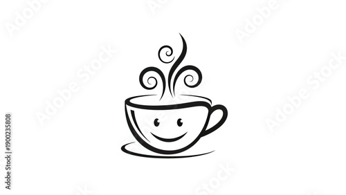 A minimalist black-and-white coffee cup design with a smiling face, steam, and saucer