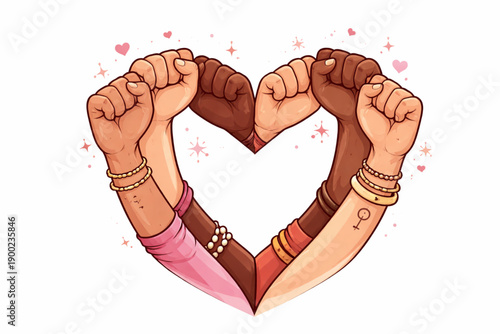 Clean Vector Illustration of Diverse Raised Fists Forming a Heart Symbol of Women Empowerment
