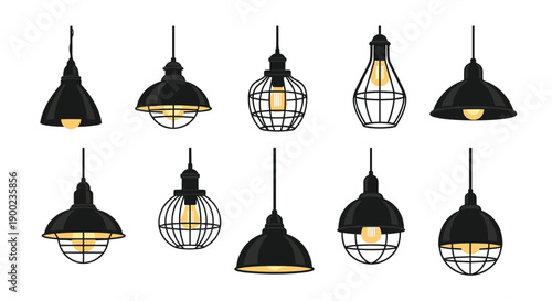 Group of black industrial hanging pendant lamps with diverse geometric and solid shades casting warm light