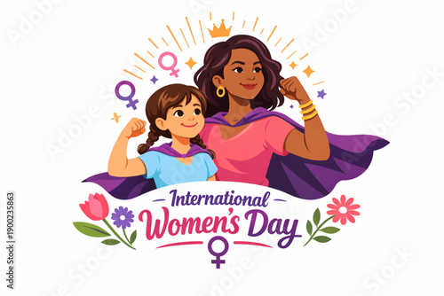 Empowered Mother and Daughter Vector for International Women’s Day on White Background
