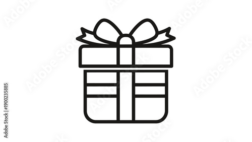 A black outlined gift box with a bow on top, against a white background
