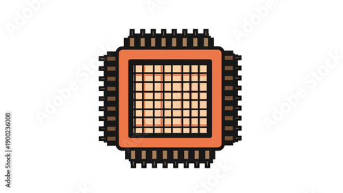 Stylized illustration of a central processing unit (CPU) or microchip. Features pins and internal grid