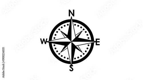 A black and white compass rose with directional markings and a dot-dash ring