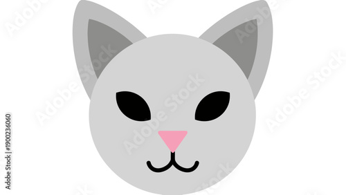 A stylized grey cat face with black eyes, pink nose, and a black smile on a white background