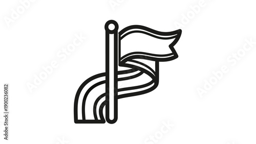 A simple black outline of a flag blowing in the wind on a white background