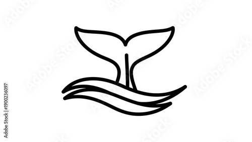A black and white line drawing of a whale tail breaking the surface of the water