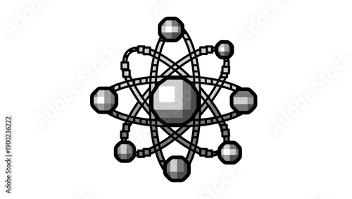 A graphic depiction of an atom, with stylized spheres and orbital paths, in shades of grey