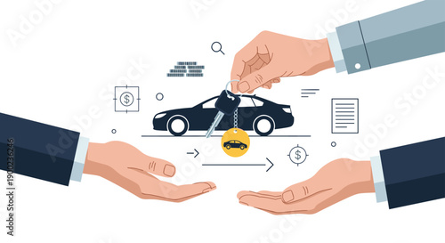 Business hands exchanging car keys with car icon over black vehicle outline and financial symbols in background