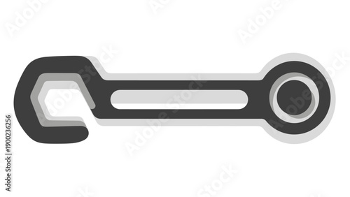A stylized wrench with a hex head and circular end, layered, in grayscale
