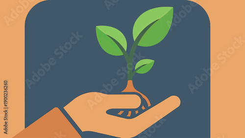 A hand cradles a young plant with three green leaves. The background is two-toned