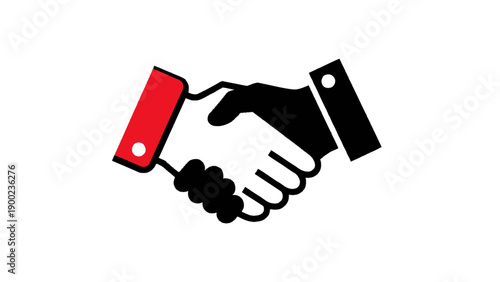 A simple graphic of two hands shaking, one red sleeved, the other black sleeved, on white