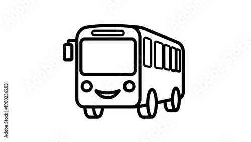A black and white cartoon bus, outlined with a smiley face on the front