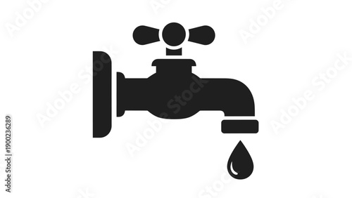 Black silhouette of a faucet with a single water droplet. Simple design on white