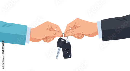 Close-up of two business hands engaging in a direct exchange of modern car keys on white background