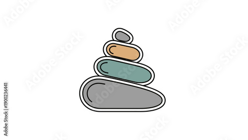 A stack of four differently colored stones, in a balanced tower, on white