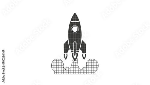 A distressed illustration shows a rocket ship taking off from a grid-like launch pad