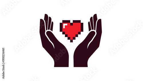Dark hands cradle a red pixelated heart on a white background, a symbol of care