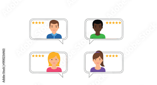 Diverse group of four people avatars showing excellent five-star customer feedback ratings in speech bubbles
